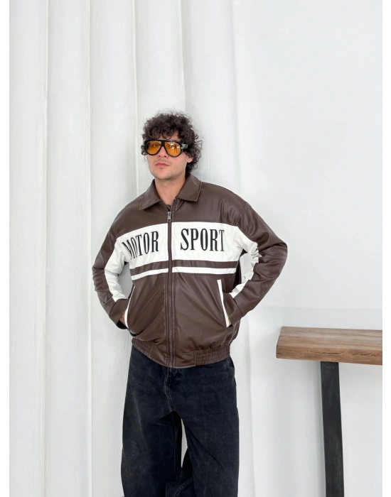 MOTOR SPORT OVERSİZE DERİ CEKET KAHVERENGİ