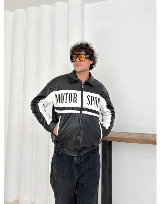 MOTOR SPORT OVERSİZE DERİ CEKET SİYAH