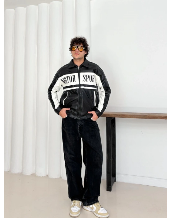 MOTOR SPORT OVERSİZE DERİ CEKET SİYAH