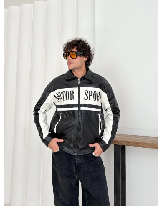 MOTOR SPORT OVERSİZE DERİ CEKET SİYAH