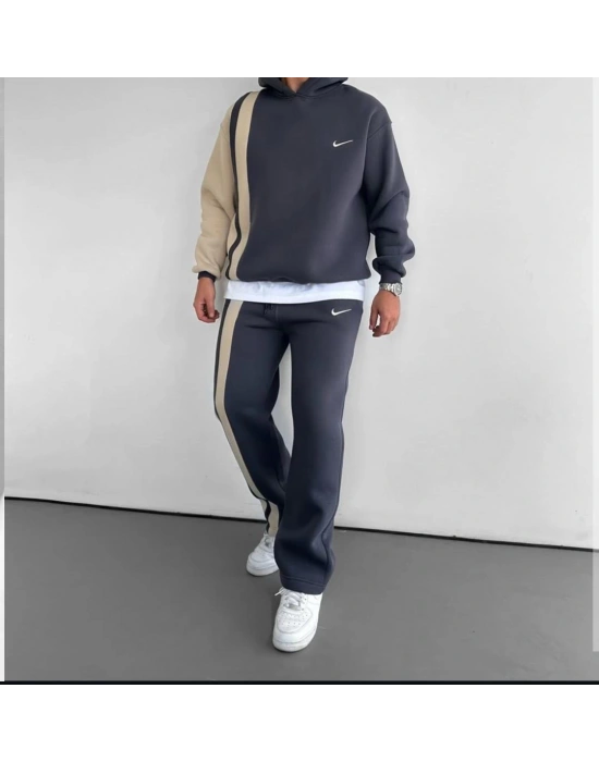 NAKIŞ DETAY 3 İPLİK PAMUKLU KUMAŞ AYARLANABİLİR PAÇA EŞOFMAN TAKIMI