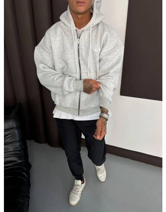 NAKIŞ DETAY OVERSİZE İCON HIRKA GRİ