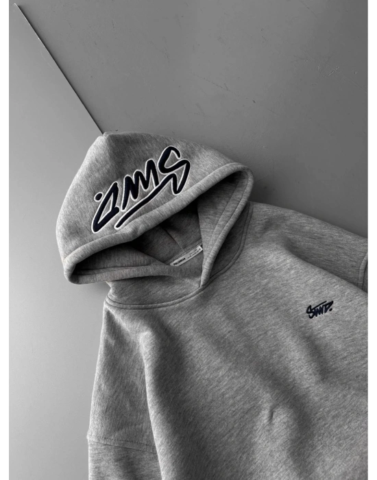 NAKIŞLI 3 İPLİK PAMUKLU KUMAŞ OVERSİZE STW SWEAT GRİ