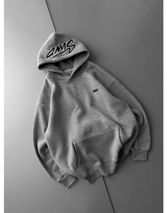 NAKIŞLI 3 İPLİK PAMUKLU KUMAŞ OVERSİZE STW SWEAT GRİ