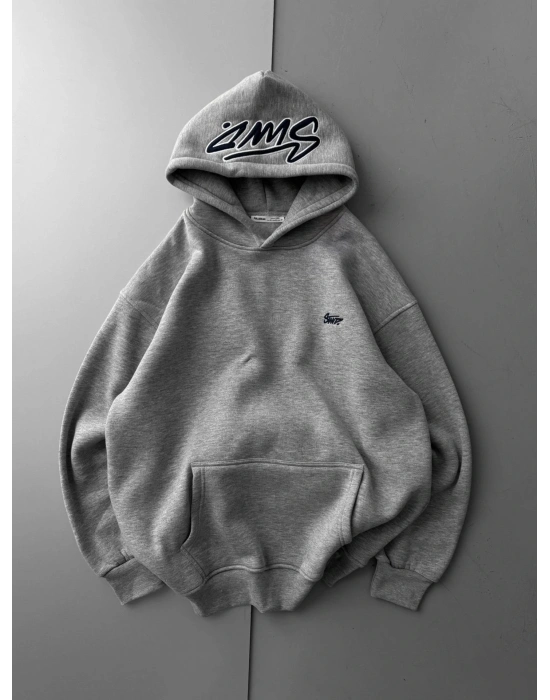 NAKIŞLI 3 İPLİK PAMUKLU KUMAŞ OVERSİZE STW SWEAT GRİ