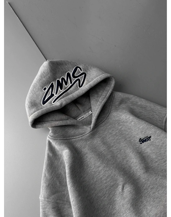 NAKIŞLI 3 İPLİK PAMUKLU KUMAŞ OVERSİZE STW SWEAT GRİ