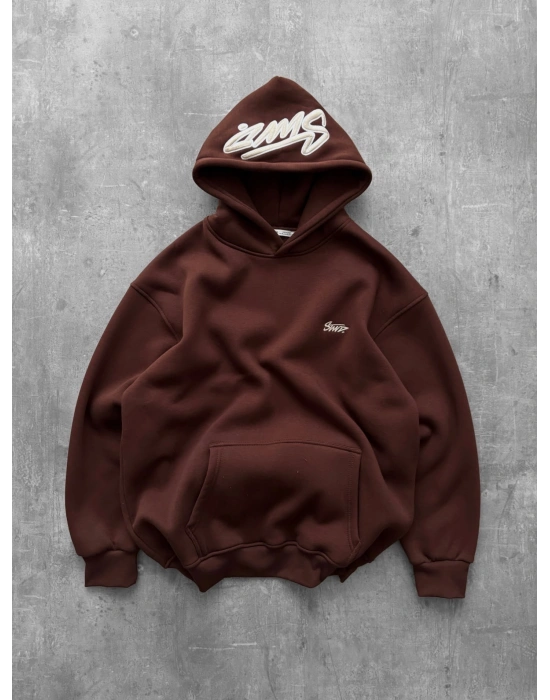 NAKIŞLI 3 İPLİK PAMUKLU KUMAŞ OVERSİZE STW SWEAT KAHVE