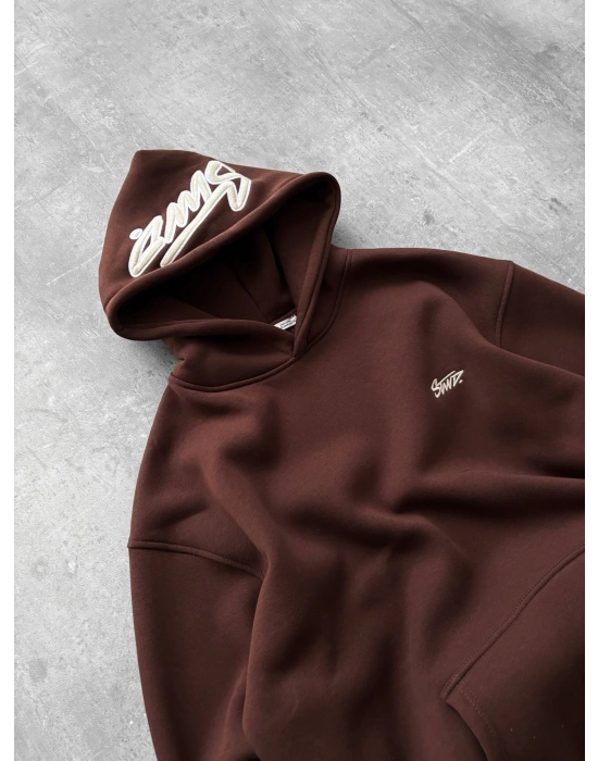 NAKIŞLI 3 İPLİK PAMUKLU KUMAŞ OVERSİZE STW SWEAT KAHVE