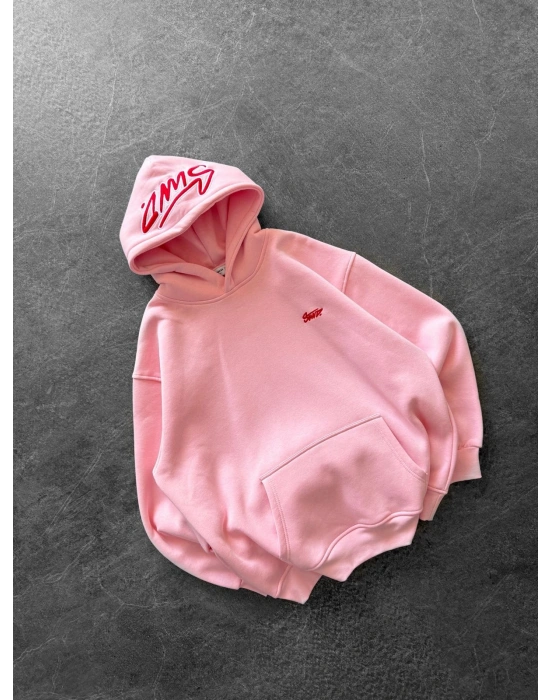 NAKIŞLI 3 İPLİK PAMUKLU KUMAŞ OVERSİZE STW SWEAT PEMBE