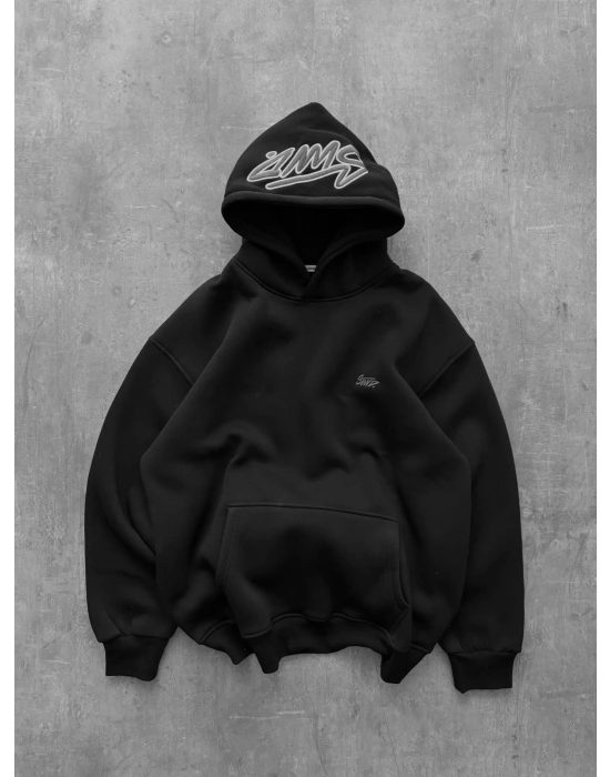 NAKIŞLI 3 İPLİK PAMUKLU KUMAŞ OVERSİZE STW SWEAT SİYAH