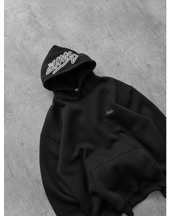 NAKIŞLI 3 İPLİK PAMUKLU KUMAŞ OVERSİZE STW SWEAT SİYAH