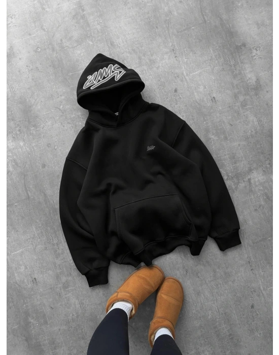 NAKIŞLI 3 İPLİK PAMUKLU KUMAŞ OVERSİZE STW SWEAT SİYAH