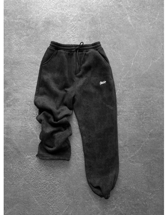 NAKIŞLI YIKAMALI 3 İPLİK BAGGY EŞOFMAN SİYAH