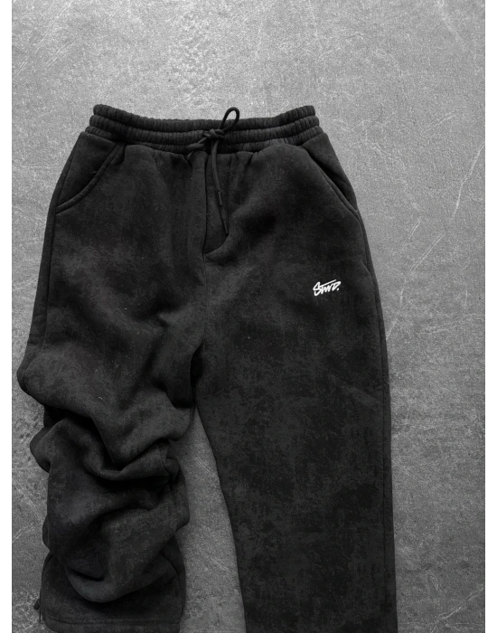 NAKIŞLI YIKAMALI 3 İPLİK BAGGY EŞOFMAN SİYAH