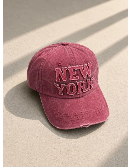NEW YORK YIKAMALI YIRTIKLI ŞAPKA PEMBE