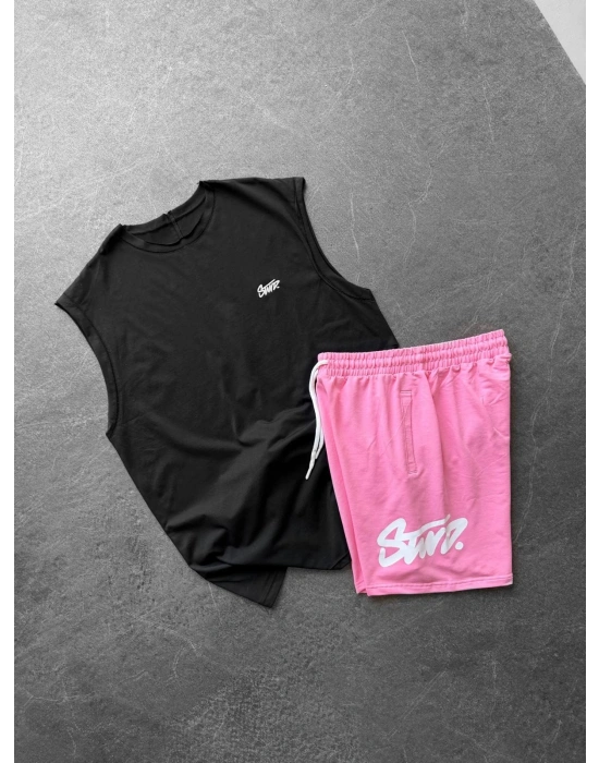 STW SİYAH NAKIŞ ATLET YAZI STW BASKI ŞORTLU TAKIM SİYAHA PEMBE