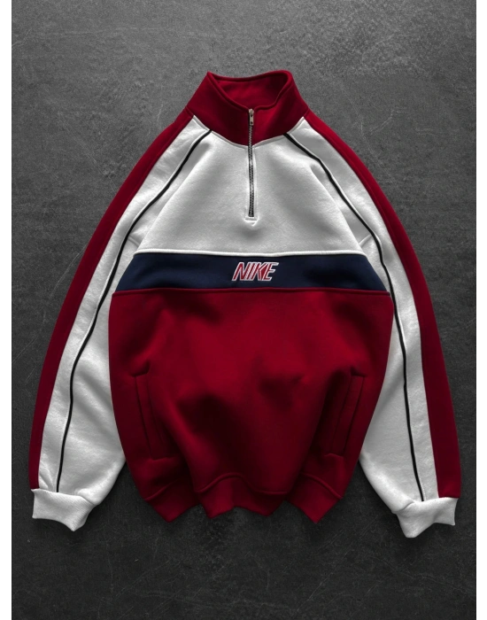 NK YARIM FERMUAR 3 İPLİK PAMUKLU KUMAŞ PARÇALI SWEAT KIRMIZI