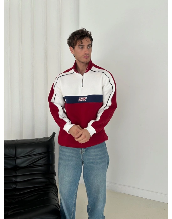 NK YARIM FERMUAR 3 İPLİK PAMUKLU KUMAŞ PARÇALI SWEAT KIRMIZI