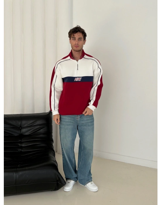 NK YARIM FERMUAR 3 İPLİK PAMUKLU KUMAŞ PARÇALI SWEAT KIRMIZI