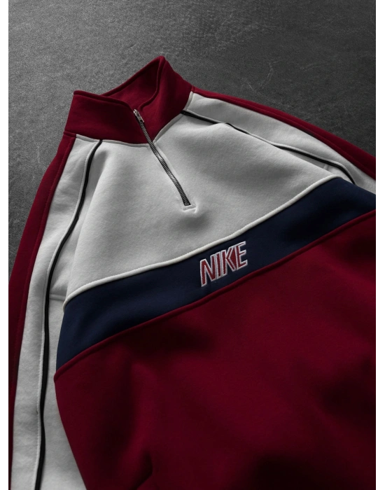 NK YARIM FERMUAR 3 İPLİK PAMUKLU KUMAŞ PARÇALI SWEAT KIRMIZI