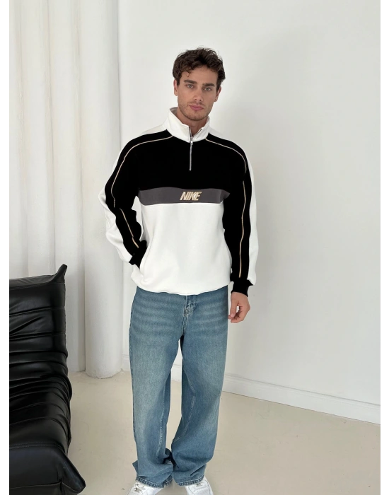 NK YARIM FERMUAR 3 İPLİK PAMUKLU KUMAŞ PARÇALI SWEAT SİYAH