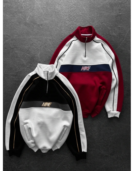 NK YARIM FERMUAR 3 İPLİK PAMUKLU KUMAŞ PARÇALI SWEAT KIRMIZI