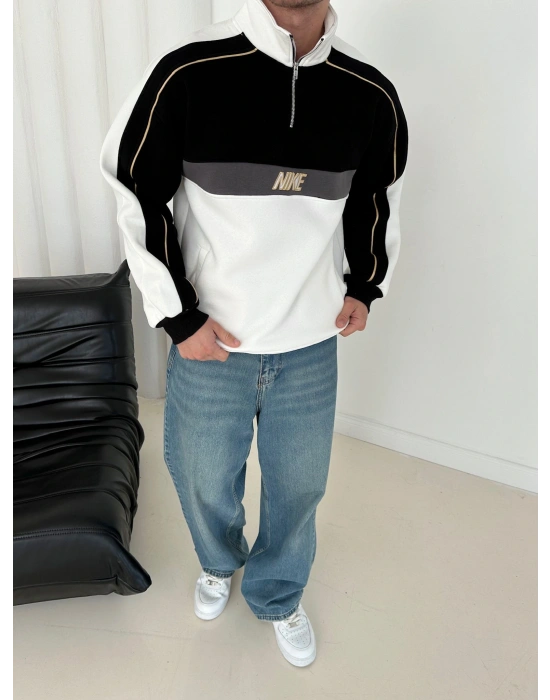 NK YARIM FERMUAR 3 İPLİK PAMUKLU KUMAŞ PARÇALI SWEAT SİYAH