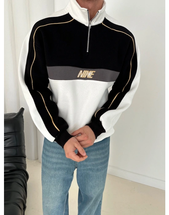 NK YARIM FERMUAR 3 İPLİK PAMUKLU KUMAŞ PARÇALI SWEAT SİYAH