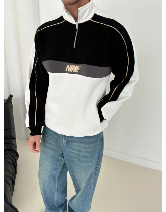 NK YARIM FERMUAR 3 İPLİK PAMUKLU KUMAŞ PARÇALI SWEAT SİYAH