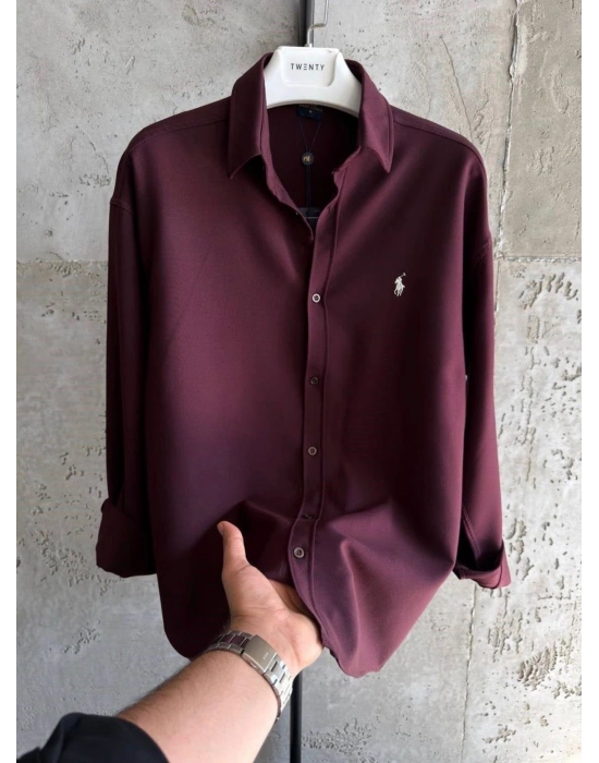 OVERSİZE KALIP NAKIŞLI KETEN GÖMLEK BORDO