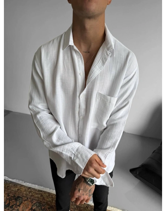 OVERSİZE MÜSLİN KUMAŞ CEP DETAYLI GÖMLEK BEYAZ