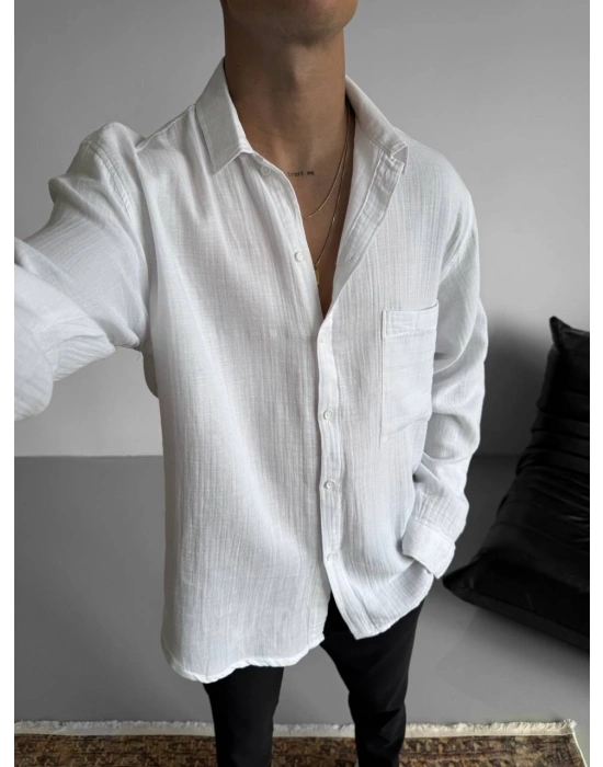 OVERSİZE MÜSLİN KUMAŞ CEP DETAYLI GÖMLEK BEYAZ