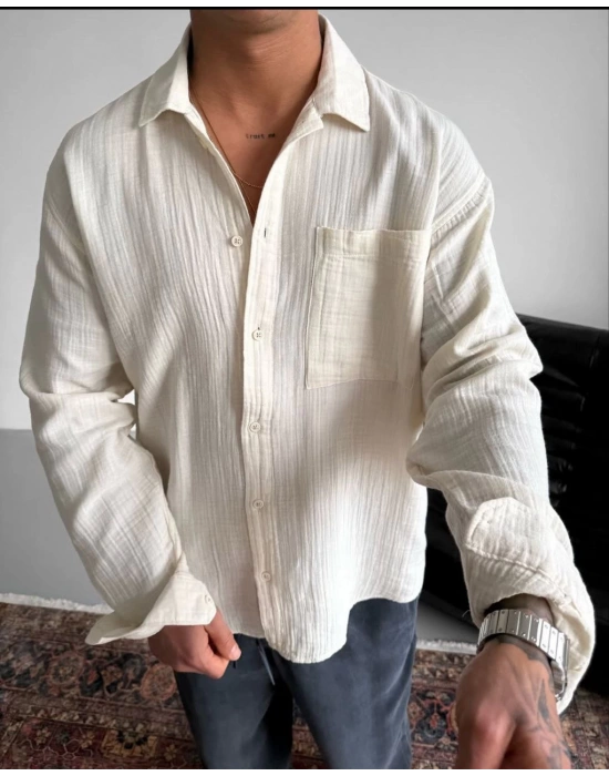 OVERSİZE MÜSLİN KUMAŞ CEP DETAYLI GÖMLEK KREM