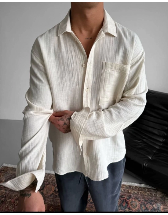 OVERSİZE MÜSLİN KUMAŞ CEP DETAYLI GÖMLEK KREM