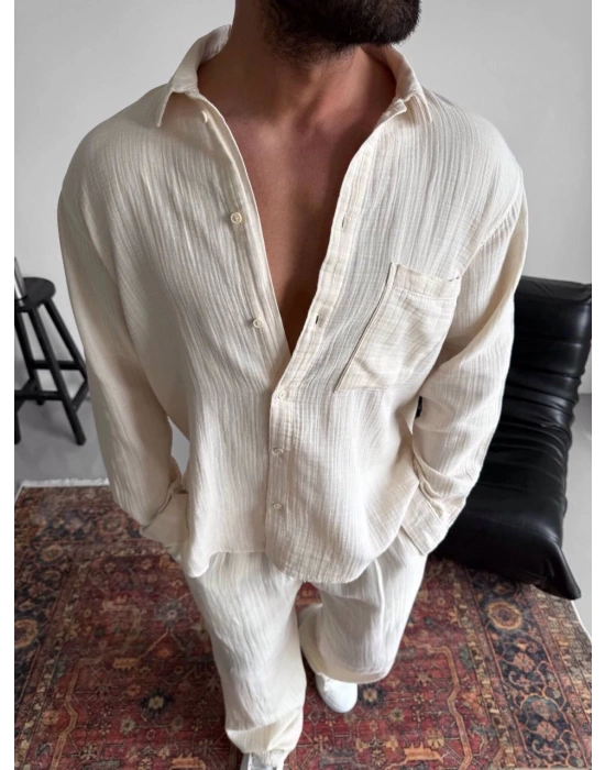 OVERSİZE MÜSLİN KUMAŞ CEP DETAYLI GÖMLEK KREM