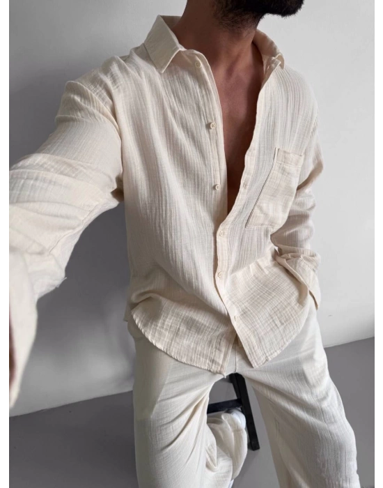 OVERSİZE MÜSLİN KUMAŞ CEP DETAYLI GÖMLEK KREM