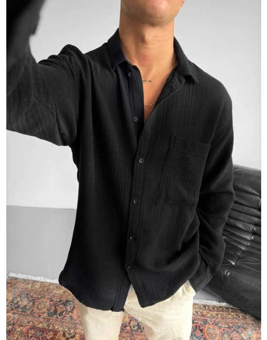 OVERSİZE MÜSLİN KUMAŞ CEP DETAYLI GÖMLEK SİYAH