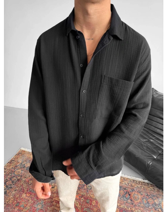 OVERSİZE MÜSLİN KUMAŞ CEP DETAYLI GÖMLEK SİYAH