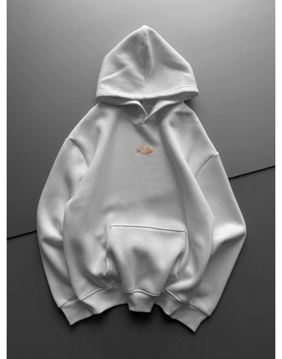 ÖZEL SERİ NK HOLOGRAM BASKI OVERSİZE KAPÜŞONLU SWEAT BEYAZ