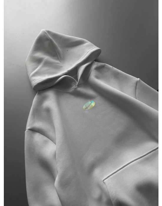 ÖZEL SERİ NK HOLOGRAM BASKI OVERSİZE KAPÜŞONLU SWEAT BEYAZ