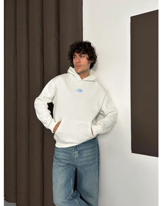 ÖZEL SERİ NK HOLOGRAM BASKI OVERSİZE KAPÜŞONLU SWEAT BEYAZ