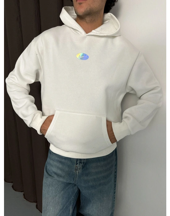 ÖZEL SERİ NK HOLOGRAM BASKI OVERSİZE KAPÜŞONLU SWEAT BEYAZ