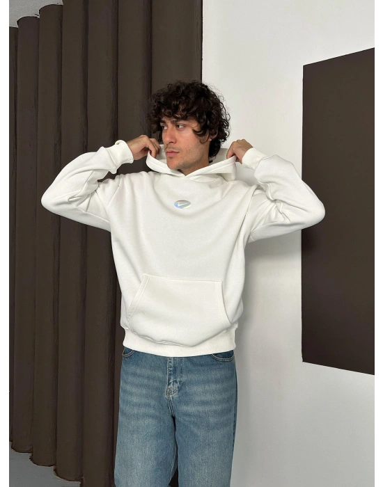 ÖZEL SERİ NK HOLOGRAM BASKI OVERSİZE KAPÜŞONLU SWEAT BEYAZ