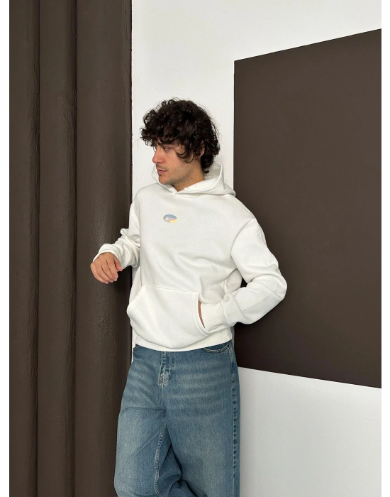 ÖZEL SERİ NK HOLOGRAM BASKI OVERSİZE KAPÜŞONLU SWEAT BEYAZ