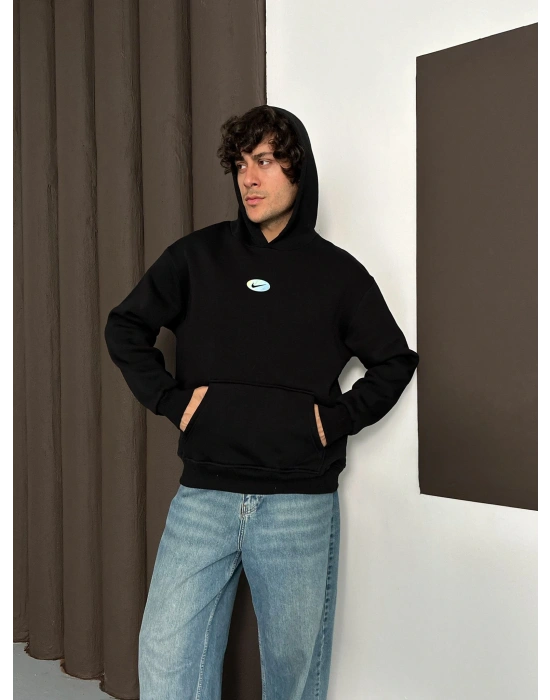 ÖZEL SERİ NK HOLOGRAM BASKI OVERSİZE KAPÜŞONLU SWEAT SİYAH