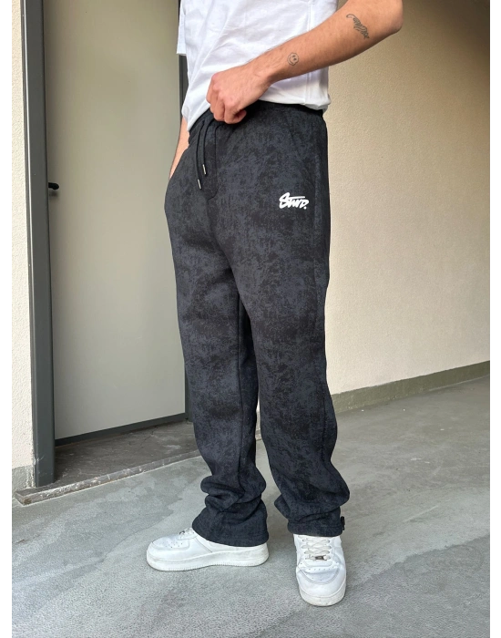 ÖZEL SERİ YIKAMALI KÜÇÜK BASKI PAÇA AYARLANABİLİR BAGGY EŞOFMAN ALTI SİYAH