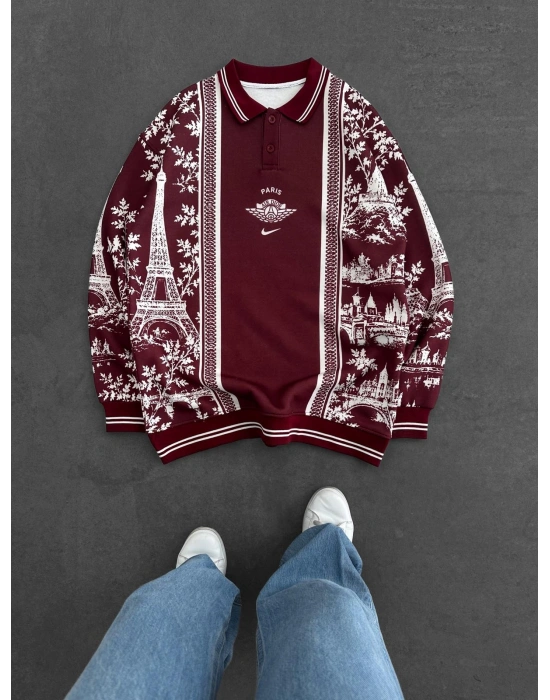 PARİS DİO NAKIŞ 3 İPLİK PAMUKLU YAKALI SWEAT BORDO