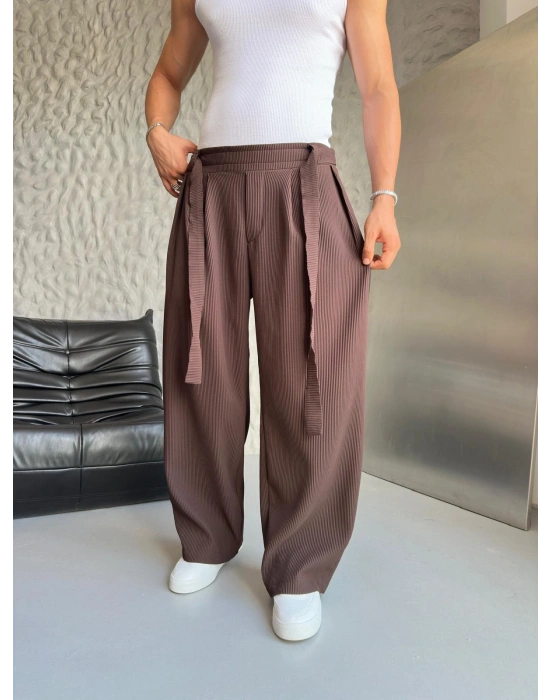 PİLELİ FULL BAGGY KEMER DETAY PANTOLON KAHVE