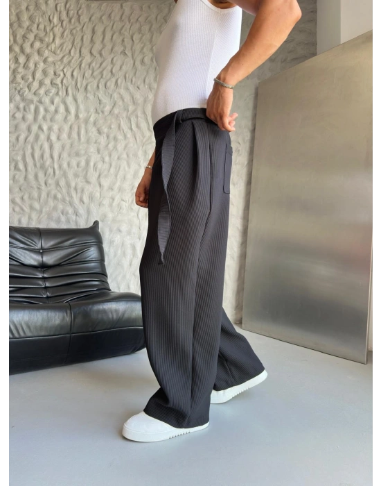 PİLELİ FULL BAGGY KEMER DETAY PANTOLON SİYAH