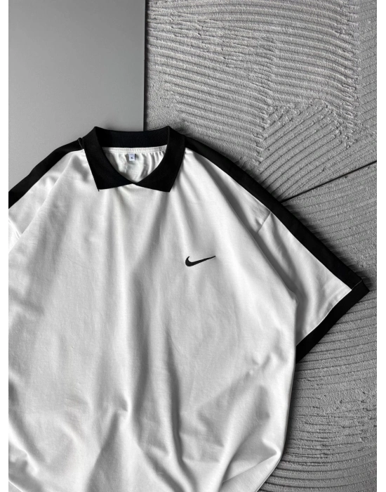 POLO YAKA KLASIK KOL SERIT OVERSIZE TSHIRT BEYAZ